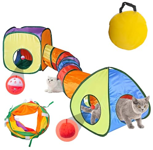3 In 1 Cat Tunnels For Indoor Cats,Cat Play Tunnels With 2 Hanging Ball，Cat Enclosures Cat Cubes Tent Foldable With Storage Bag For Indoor Outdoor Pets Puppy Bunny Rabbit Piggy-Rainbow