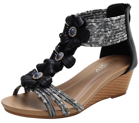 Galindopia Wedge Sandals Sweet Flower Bohemia Summer Beach Shoes For Women T Bar Comfortable Cushion Padded Dressy Cage Sandals Open Toe Black Size 38