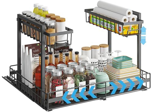 YunNasi 2 Niveles Organizador de Gabinete Expandible, Almacenamiento de Cocina Bajo Fregadero, Organización Extraíble, Organizador Multiusos para Cocina, Baño, Gabinete, Armario (Negro)