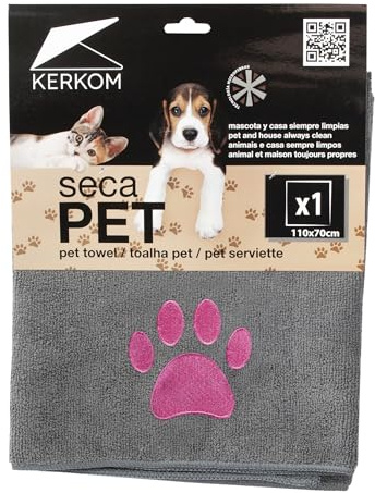 KERKOM Toalla Mascotas 110 x 70 cm – Microfibra 100% – Secado rápido Tras baño o Lluvia – Perros y Gatos – Suave con Pelaje y Patas – Lavable