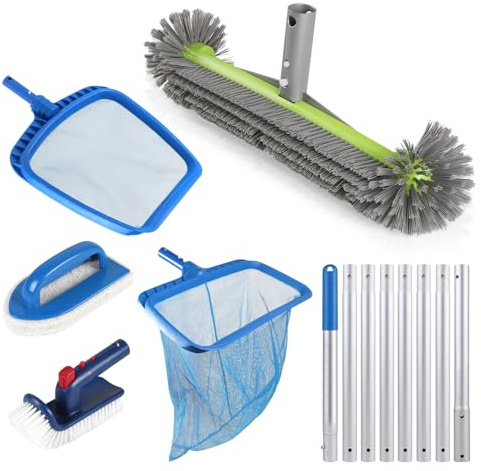 EFUTURETIME 6 Pièces Kit de Nettoyage pour Piscine, 43cm Brosse Piscine Ronde avec 2,7m Manche Telescopique Aluminium, Epuisette Piscine Epuisette de Surface, Brosses Rotative pour Liner, Spas