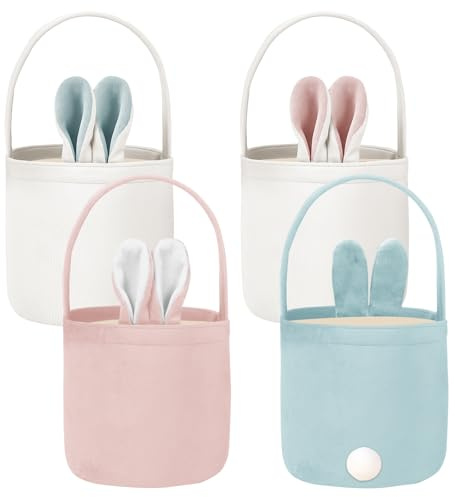 HGRGHH 4 Pezzi Cestini Pasqua Bambini, Borsa Coniglio con Orecchie e Coda in Velluto, Sacchetto Pasquale con Manico per Caccia alle Uova, Cestino Pasqua per Dolci, Caramelle e Regali