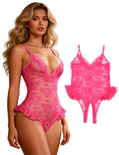 comeondear Lingerie Femme Ouverte Body Dentelle Dos Nu Grande Taille Tenue Hot sous-Vêtements Dessous Décolleté en V Babysuit Chic Top Élégants Teddy Cou V One-piece Nuisette Négligé Rose,XXL