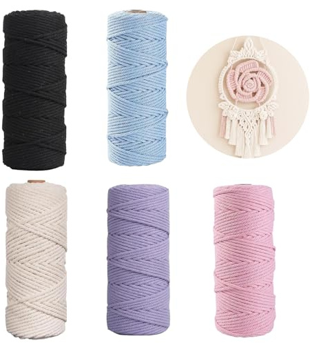 5 Stück Makramee Garn 3mmx50m, Macrame Cord Baumwollkordel Makramee Set Rope Garn für Basteln Stricken AufhäNgen DIY Handwerk