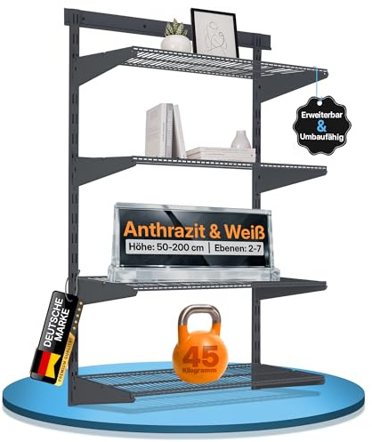 BOOMET Set di scaffali da parete con base metallica, 28 varianti, diverse dimensioni e colori, sistema di scaffalatura flessibile con guide da parete (antracite, altezza 100 cm, 2 livelli)