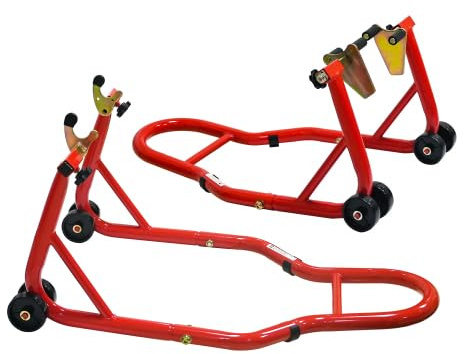 Set di cavalletti di montaggio per moto, anteriore e posteriore, 200 kg, in acciaio, sollevatore per moto con attacco K e U, per manutenzione e cambio pneumatici, rosso
