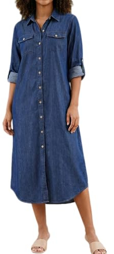 Kuraki Women's Casual Button Front Maxi Shirt Denim Dress XL Blue