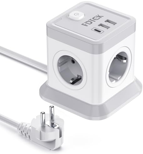 FDTEK Cubo Regleta Enchufes, Ladron Enchufe con 4 AC Tomas y 2 USB A+1 USB C, Enchufe Multiple con Interruptor y Proteccion Sobretension, Cable 1,8 m, Adecuado para Casa, Oficina y Los Viajes