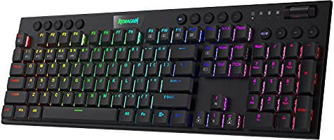 Redragon K618 Horus Mechanische RGB-Tastatur, BT/2.4ghz/kabelgebundene Tri-Mode Flache Tasten Gaming-Tastatur mit Kabelloser Verbindung, Dedizierter Mediensteuerung und Linearem Roten Schalter