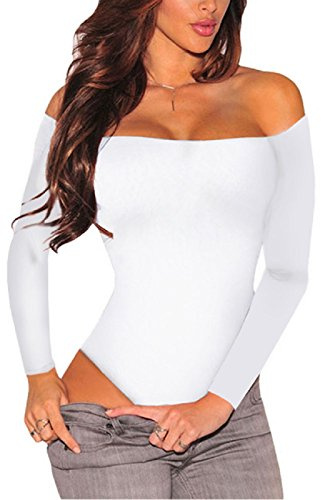 SEBOWEL Body con Spalle Scoperte per Donna Camicia a Maniche Lunghe Elegante Sexy Senza Schienale per Donna (Bianco,S)