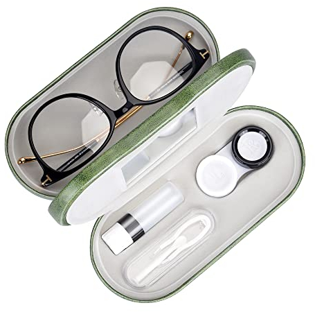 Muf 2 in 1 Contact Lens Case and Glasses Case,Double Sided Dual Use Design,Leak Proof & Portable,Tweezer and Contact Lens Solution Bottle Included for Travel Kit(Green)