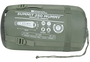 Mountain Warehouse Summit 250 Schlafsack - 3/4 Saison Isolierter & Mumienförmiger Schlafsack, 22cmX40cm wenn gepackt - Für Herbst, Camping & Trekking Khaki Reißverschluss rechts - Lange Länge (215cm)