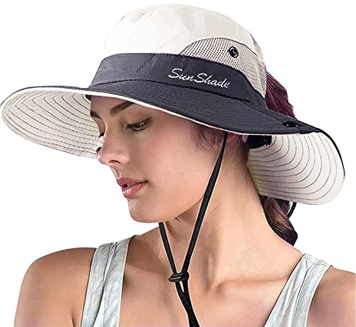 ZOORON 1 Pack Women's Ponytail Safari Sun Hat,Wide Brim UV Protection Outdoor Bucket Hat,Foldable Beach Summer Fishing Hat(Beige)
