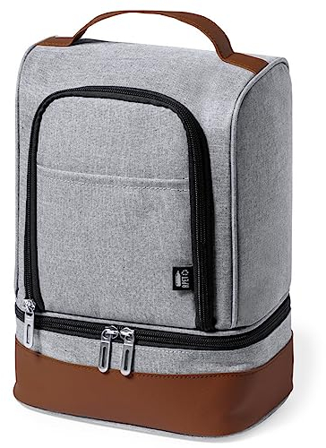 Nachhaltige Kühltasche Isoliertasche Picknicktasche Lunchtasche recycletes RPET mit 2 Fächern aus Isothermischem PEVA Boden und Tragegriff in grau