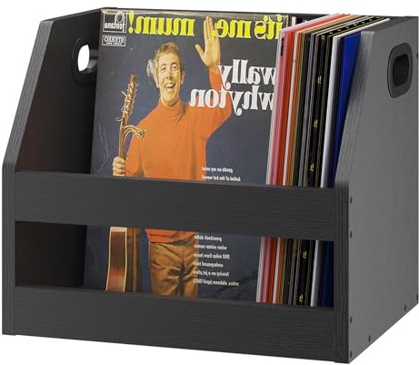 YMYNY Supporto di Immagazzinaggio di Dischi in Legno, Scatola di Album in Vinile Con Maniglia, Scaffale del Desktop Organizer Record per Cartelle, Fotografici, Nero, 38×29×29CM HCD001B
