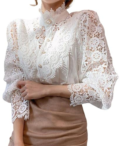 2024 Mode Femme Chemisier Dentelle Chic Chemise Victorien à Manche Longue Bouffante Ballon Sexy Chemisier Gothique Lolita Lace Ajouré Top Blouse Renaissance Elégant Ample Vintage