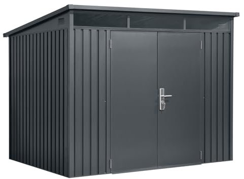Gerätehaus Metall pulverbeschichtet anthrazit | Geräteschuppen Pultdach 307 x 280 x 201/180 cm | Tageslichtfenster, Gasdruckdämpfer, hochwertiges Schloss, Lüftungsgitter (8m² Grundfläche)