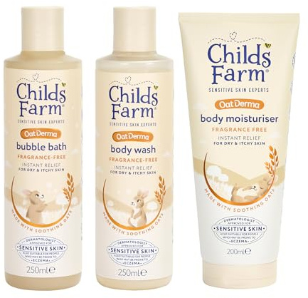 Childs Farm OatDerma Regime Bundle | Baby Bubble Bath (250ml), Body Wash (250ml) and Body Moisturiser (200ml) | Suitable for Newborns, Kids and Adults with Sensitive, Dry, Itchy & Eczema-Prone Skin