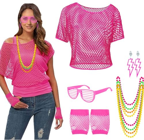 Kinwers kostym 80-tals dam, set om 5 90-tals accessoarer nätskjorta, näthandskar, halsband, örhängen, glasögon, 80-tals kostym neon fluorescencia accessoarer temafest karneval.