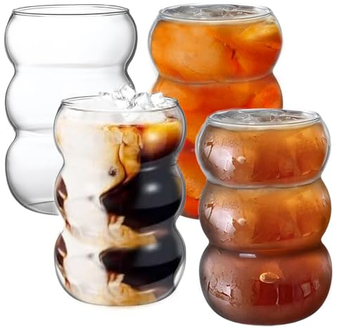 PORFOYO Juego de 4 vasos de burbuja, vasos acanalados de 550 ml, vasos de café helado, vasos de cristal, vasos de cóctel latte macchiato, vasos de cristal hechos a mano, vasos de café helado para