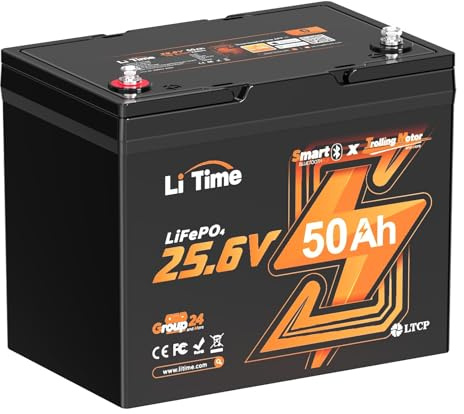 LiTime Batería Litio LiFePO4 24V 50Ah con Bluetooth, Protección Baja Temperatura y 50A BMS, 15000+ Ciclos, 10 Años de Vida, Batería LiFePO4 24V para Motor Electrico Fueraborda, Barco, Autocaravana