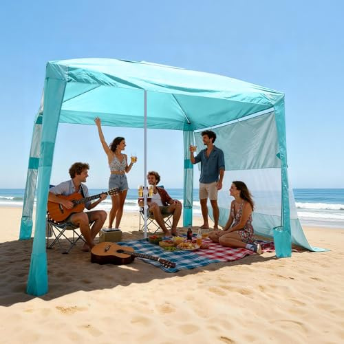 VEVOR Cabaña de Playa 2,4 x 2,4 m con Pared Lateral, Protección Solar UPF 50+, Pabellón con Sacos de Arena, Sombrilla Portátil y Ajustable en Altura para Familiares y Amigos, Verde Claro Liso
