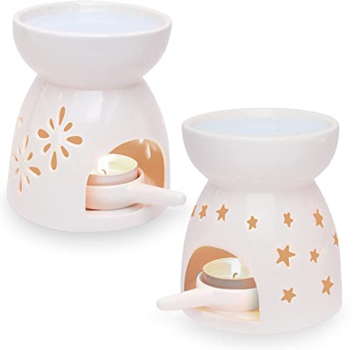 Ligano Duftlampe aus Keramik – Aromalampe mit Teelicht-Halter – Blumen und Sterne Muster (2er Set)
