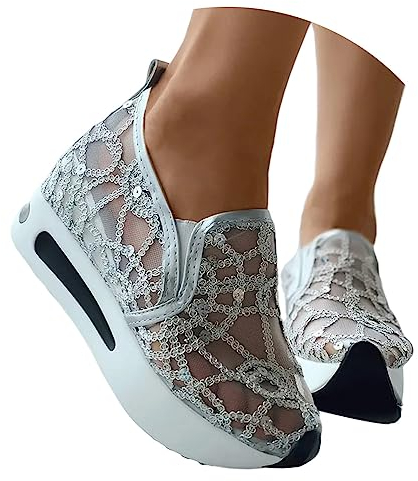 Minetom Sneaker Damen Pailletten Keilabsatz Schuhe Atmungsaktive Ausgeschnittene Spitze Stoffschuhe Frauen Laufschuhe Sommer Outdoor Slip On Walkingschuhe Glitzer Loafers A Silber 36 EU