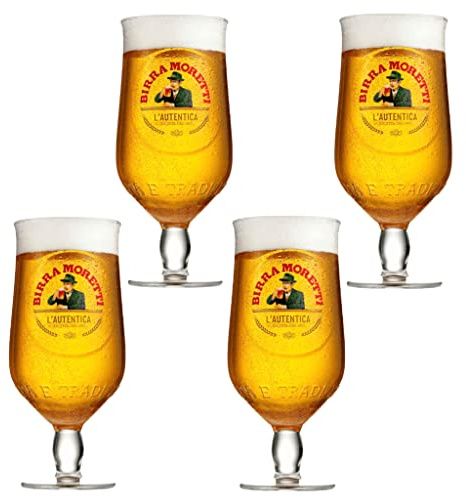 GarageBar | Birra Moretti Glass | Stemmed Chalice Beer Glass | Official Merchandise | Comes with 2x Beer Drip Mats (4, Pint/20oz)