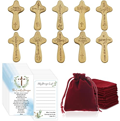 BelleAngle 30 Pack Mini Wood Holding Hand Crosses with Christian Quotes, Velvet Bags and Prayer Cards for Christmas Christian Church Jesus Cross Gift
