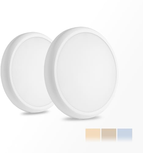 BrightFly 2-Pack LED Ceiling Light, 18W 2200lm Bathroom Light, Adjustable 3-Color Temperature (3000K/4000K/6500K) Round Bulkhead for Hallway, Porch, Kitchen, Utility Room, Garage - Easy Installation