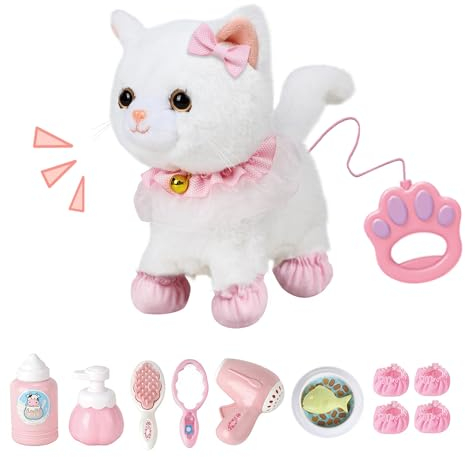 Fivtsme Jouet électronique en Peluche, Animal Chat Électronique, pour Chat avec Laisse télécommandée, Marche, Aboiements, Remuant la Queue, Cadeaux de Jouets pour Filles de 3 4 5 6 Ans