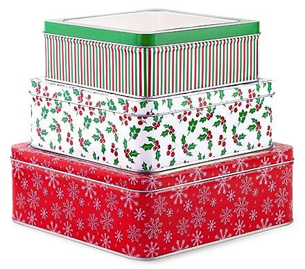 Steel Mill & Co Square Tin Containers with Lids, 3 Pack Christmas Cookie Tins, Festive Cookie Tins for Gift Giving & Holiday Treats, Metal Box Nesting Containers, Large Medium Small, Snowflake