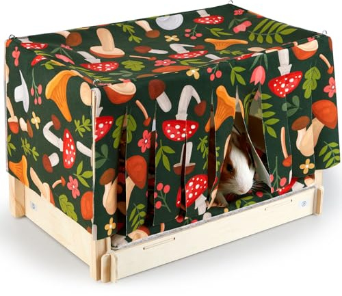 Glittme Guinea Pig Hideout, Wooden Guinea Pig Bed with Waterproof Mat, Durable Rabbit Bed with Door Curtain for Guinea Pig, Rabbit, Ferret, Squirrel, Bunny