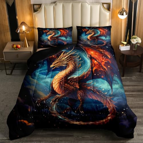Erosebridal Watercolor Dragon Comforter Set for Boys Girls Gradient Red Animal Bedding Set Twin, Psychedelic Down Comforter Aesthetic Aurora Quilted Duvet, Magic Wildlife Bed Set Toddler Room Decor