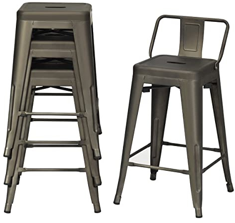 RELAX4LIFE Set di 4 Sgabelli da Bar Impilabili con Struttura in Metallo con Schienale Basso e Rimovibile,Pioggiapiedi in Stile Vintage/Industraile, Portata di 150, 43x43x79 cm