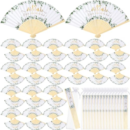 Namalu 60 Pezzi Ventaglio Bomboniera di Matrimonio Ventagli di Carta Bianca Motivo Eucalipto con Sacchetto in Organza Ventagli Pieghevoli in Bambù per Invitati al Matrimonio Estate Compleanno Festa