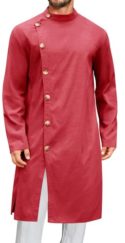 Runcati Mens Kaftan Thobe Button Down Long Sleeve Robe Casual Henley Shirt Cotton Muslim Gown Kurta Tops Burgundy