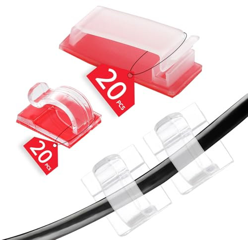 40 Clips Cables Autoadhesivo sujetacables con Pegamento acrílico Ideales para gestión de Cables USB Cables de Red y guirnaldas de Luces en Escritorio y hogar