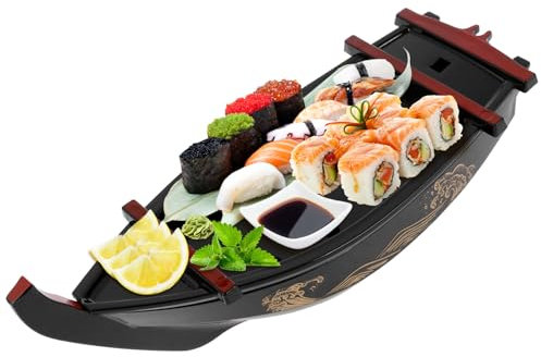 BOBASH Sushi Serving Tray Reusable Plastic Sushi Boat Serving Plate Japanese Style Sushi Tray Decorative Detachable Sushi Serving Platter for Home Kitchen Restaurant Buffet Party(Black)
