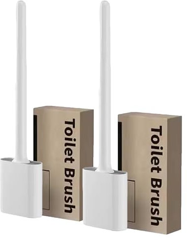 2 Pack Silicone Toilet Brush and Holder Set, Long Plastic Handle, Soft Flexible Bristles, Anti-Drip Base, Ventilation Dry Bracket Brush, Wall Mounted Toilet Cleaning Brush (White)
