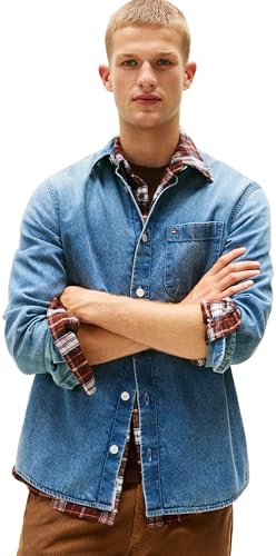 Tommy Jeans Uomo Camicia in Jeans Regular Denim Taschino sul Petto, Blu (Denim Medium 01), M