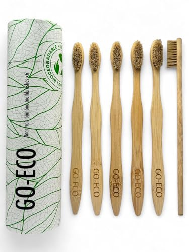 GO-ECO Paquete de 6 cepillos de dientes de bambú, cerdas sin plástico, biodegradables/sin nailon, suave, ecológico, embalaje compostable