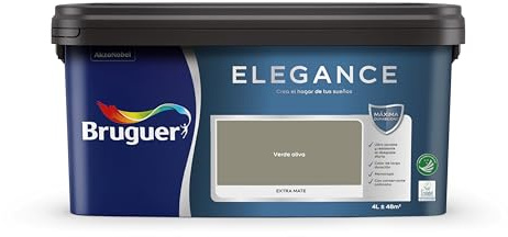 Bruguer ELEGANCE Pintura Monocapa ExtraMate, Paredes y Techos, Interior, Exterior protegido, Alta Durabilidad, UltraLavable, Resistente al Desgaste y Manchas Verde Oliva 4L