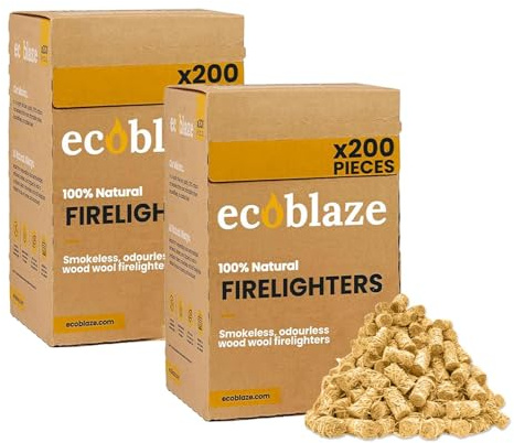 400 Ecoblaze Natural Firelighters | 2 x 200 Box | Long Burning, Fast Lighting, Odourless Wool Starters | Kindling Wood, BBQ Lighter Kit, Firestarter for Pizza Ovens, Log & Wood Burners, Fire Pits