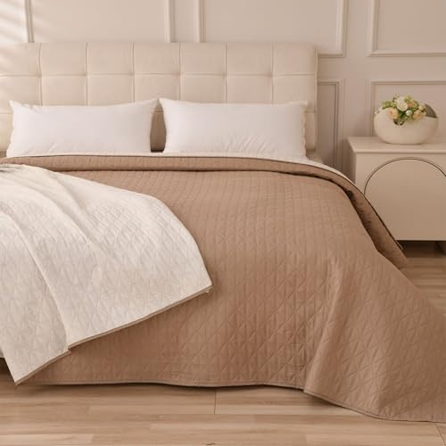 Caritex Copriletto Trapuntato Santorini per Letto Matrimoniale, in Microfibra, Bicolore e Reversibile - Trapuntino Primavera e Autunno - 260x260 cm M608 [Beige - Panna]