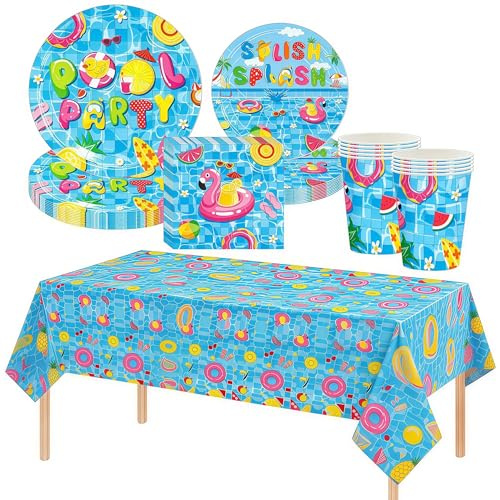 41 Pcs Summer Pool Party Tableware Set for 10 Guests, Paper Plates Cups Napkins and Tablecloth, Beach Pool Birthday Party Supplies for Kids Summer Celebration