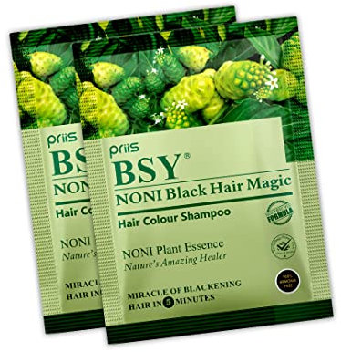 BSY Noni Black Hair Magic Haarfärbe-Shampoo (20mlx5 Sachets) | Ammoniakfreie Haarfarbe für Männer und Frauen | Natürliche schwarze permanente Haarfarbe | Noni-Frucht-Haarfärbung | 5 Minuten Haarfarbe