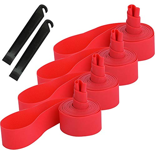 QitinDasen 4Pcs Premium PVC Fahrradreifen Felgenband, 26 Mountainbike Reifen Liner, Pannenschutz Felgenband mit 2Pcs Fahrrad Reifenheber (Rot)