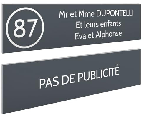 DECOHO - Plaque Boite aux Lettres Personnalisable - Lot de 2 plaques adhésives en Plastique Gris Lettres Blanches - Format 100x25 mm - GR - Gris